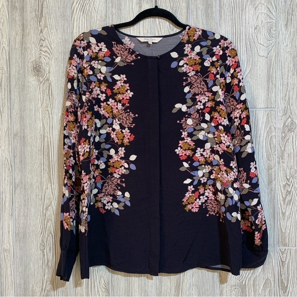 Part Two Copenhagen Kia Navy Blue Floral Long Sleeve Button Up Blouse Top SZ 38